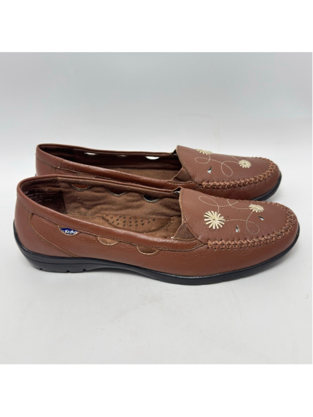 Dr. Scholl's Women’s Brown Leather Floral Embroidered Slip On Loafers Size 8